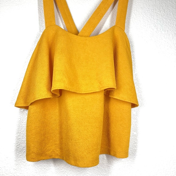 Madewell Tank Top Gold Criss Cross Strap Crop Medium Yellow Ribbed Ruffle - Picture 7 of 16